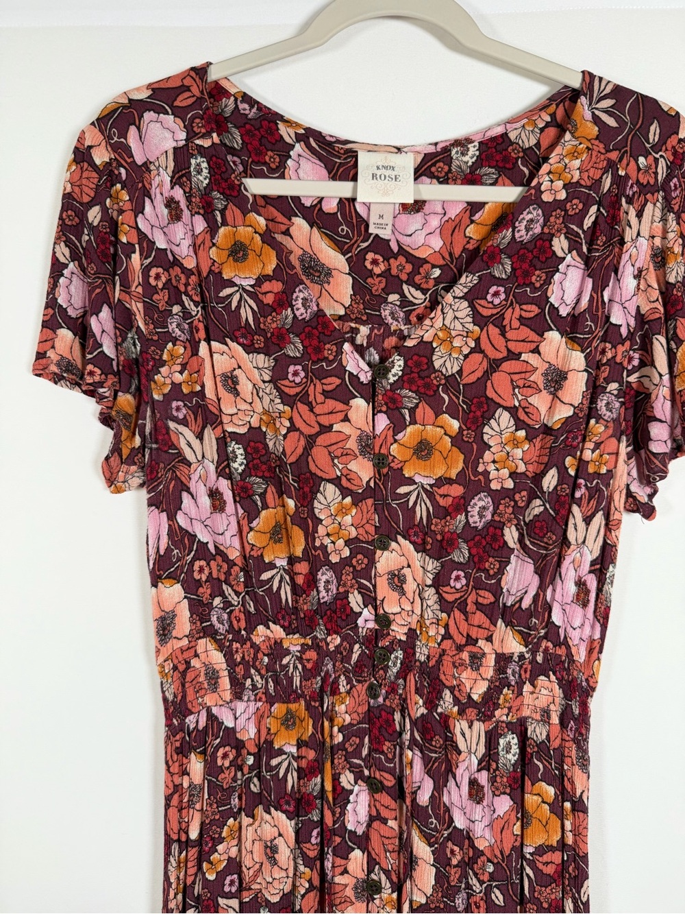 Knox Rose Boho Burgundy Floral Midi Dress with Pink & Mustard Accents - Picture 3 of 7